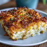 Gemütliche Funeral Potatoes Casserole mit knuspriger Hashbrown-Kruste – cremige Kartoffeln mit goldbraunem Topping.
