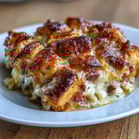 1. Ham and Cheese Croissant Bake Casserole mit goldbraunen, buttrigen Croissants, würzigem Schinken und geschmolzenem Käse – perfekt für ein gemütliches Brunch-Gericht.  