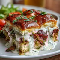 Klassische Kentucky Derby Hot Brown Slider auf Brioche-Brötchen mit goldgelbem Mornay-Sauce-Glasur.