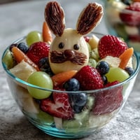 Kleine, bunte Obstbecher in Hasenform mit frischen Erdbeeren, Trauben, Blaubeeren und Ananas.