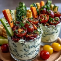 Bunte Gemüsetassen mit cremigem griechischem Joghurt-Ranch-Dip, perfekt für erfrischende Sommer-Snacks.