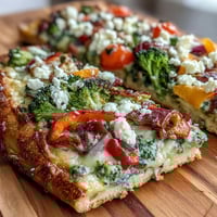 Bunter Gemüse-Flatbread-Pizza mit frischen Paprika und Broccoli in Regenbogenfarben.