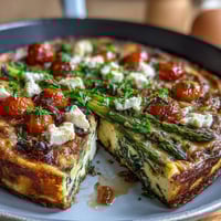 Gesunde einfache Frühlingsgemüse-Frittata mit frischem Spargel und Feta, perfekt für ein leichtes Frühstück oder Brunch.