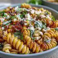 Farbenfroher mexikanisch inspirierter Nudelsalat mit süßem Mais, cremigem Cotija-Käse, Chili und Limette.  