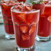 Rosafarbener Drink-Klon mit Erdbeer-Açaí und Kokosmilch in einem Glas mit Eiswürfeln.