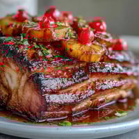 Honey-Glazed-Ham-mit-Ananas: goldener Schinken mit glänzender Honigglasur und süßen Ananasringen, ein festliches Osteressen.