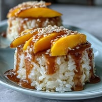 Cremige Mango Sticky Rice Cups mit süßer Kokosnuss-Sauce, garniert.