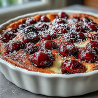 Frischer Kirsch-Clafoutis mit Vanille: Saftige Kirschen in cremiger Vanille-Custard-Basis.